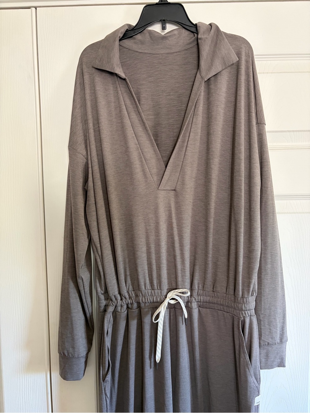 Vuori Taupe Drawstring V-Neck Long Sleeve Jumpsuit